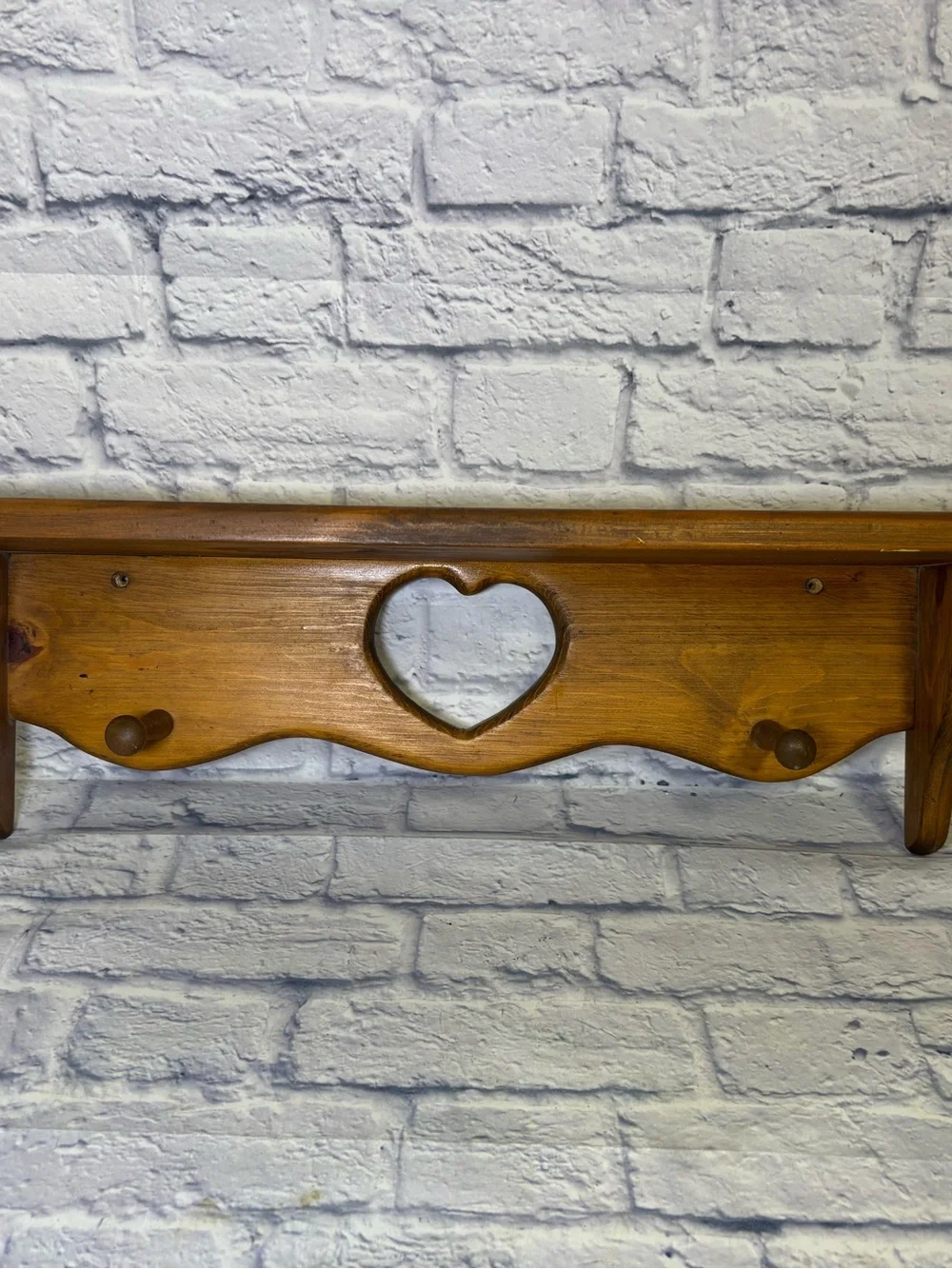 Vtg Handmade Wooden Heart Cutout Wall Shelf Cottage W/2 Pegs 28” Brown Farmhouse